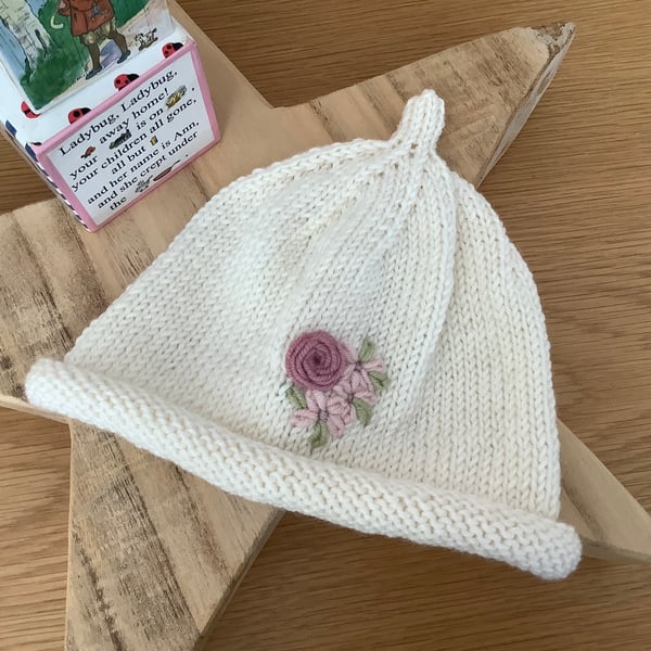 Hand Knitted Cashmere Blend Baby Beanie 0-6 Months 