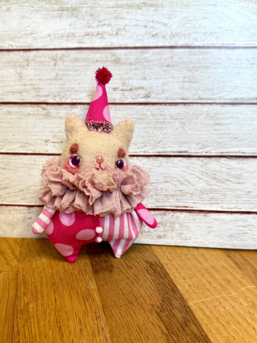 Miniature Needlefelted Kitty Clown Art Doll Pink
