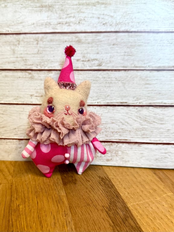 Miniature Needlefelted Kitty Clown Art Doll Pink