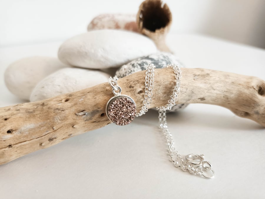 Sterling Silver Copper Druzy Round Pendant on Sterling Silver Necklace