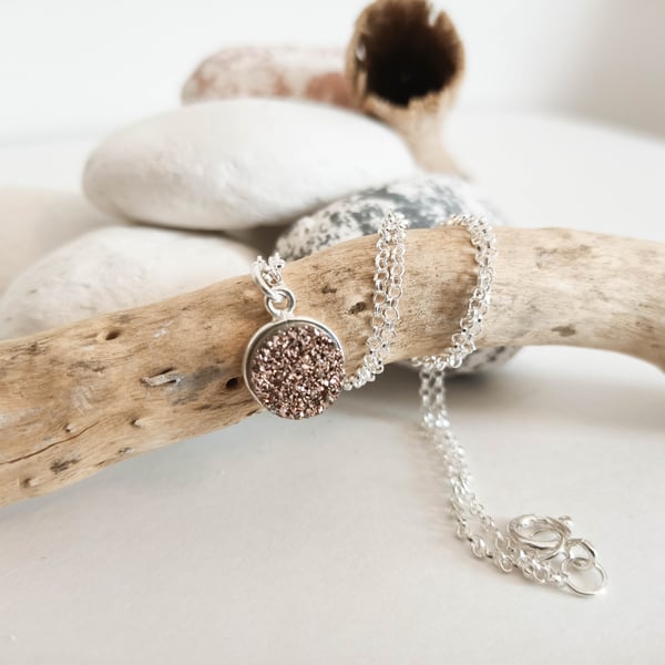 Sterling Silver Copper Druzy Round Pendant on Sterling Silver Necklace