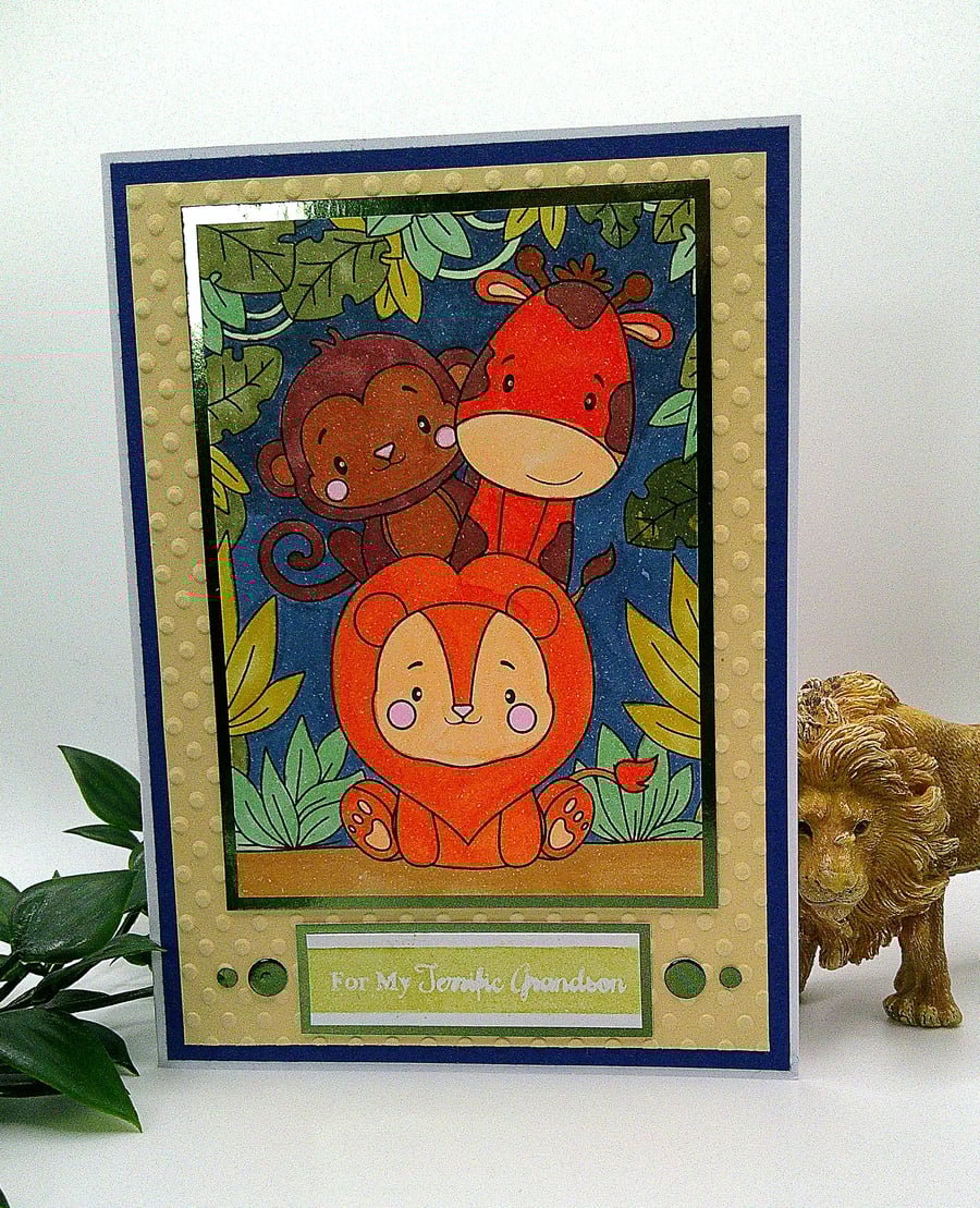 Grandson Birthday Card - Cute Lion Cute Monkey Cute Giraffe animals