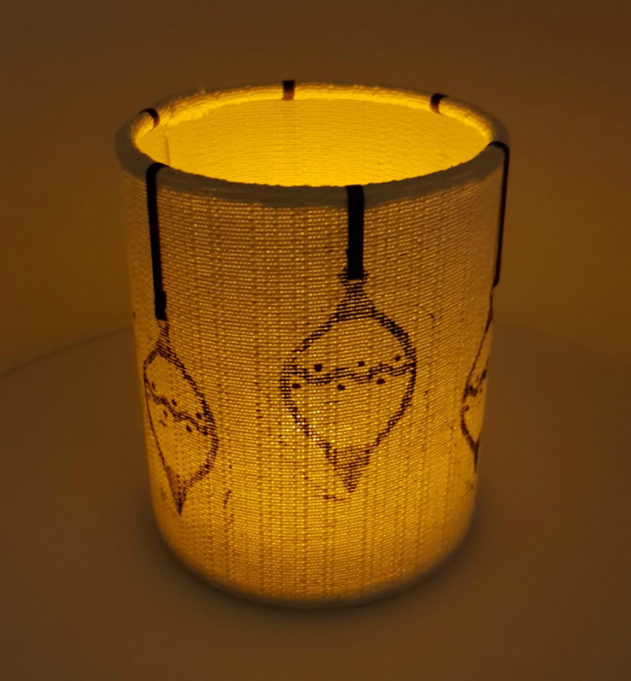 Hand printed bauble lantern with LED candle (Cream with purple ribbon)