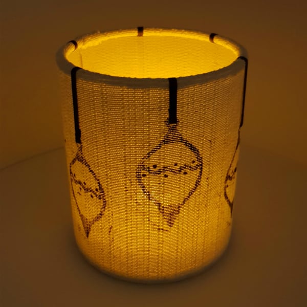 Hand printed bauble lantern with LED candle (Cream with purple ribbon)