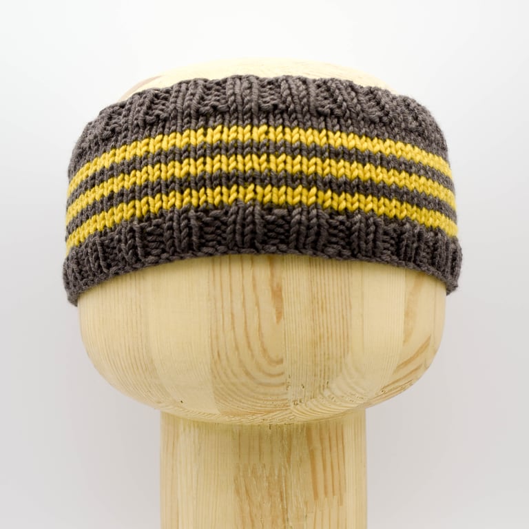 Hand Knitted striped headband ear warmers in ochre and brown adult medium