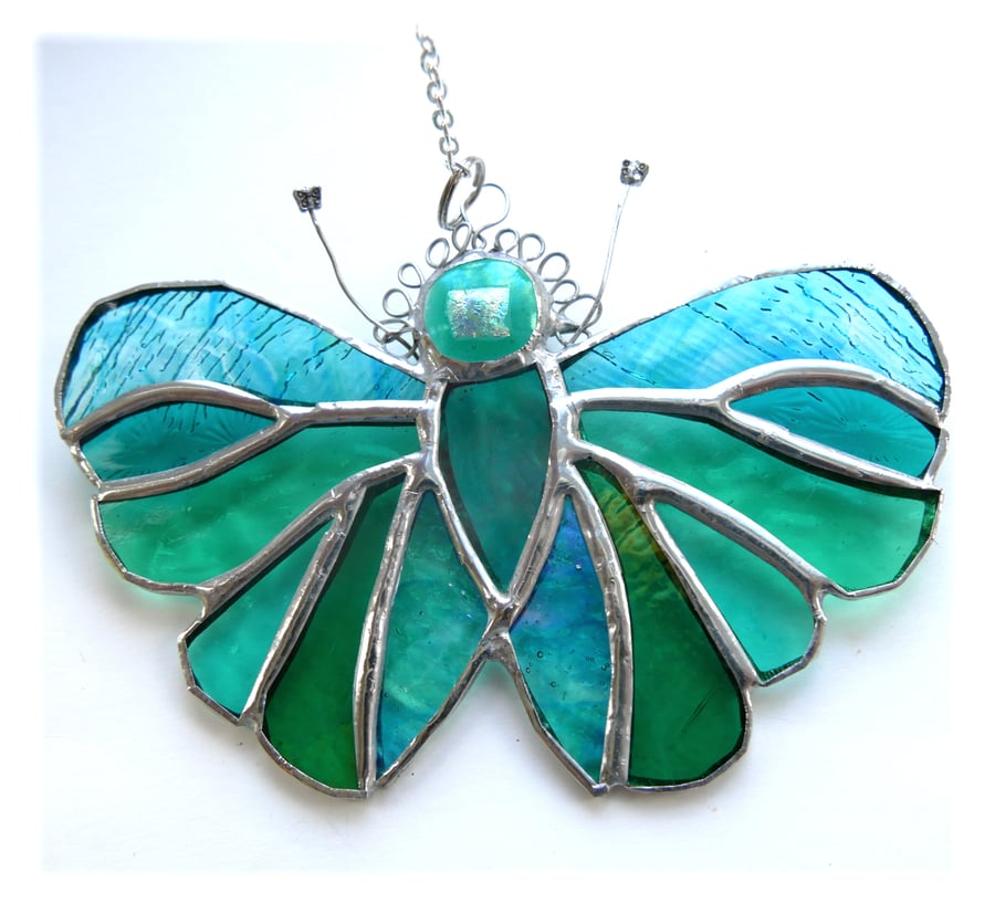 Teal Butterfly Suncatcher Stained Glass Handmade 