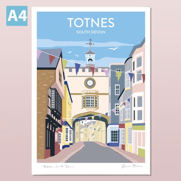 Totnes, Devon illustrated travel poster A4