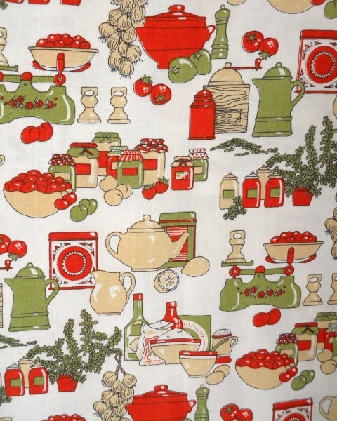 RED and GREEN Kitsch 60s 70s RETRO Kitchenalia Kitchen Utensils VIntage Fabric