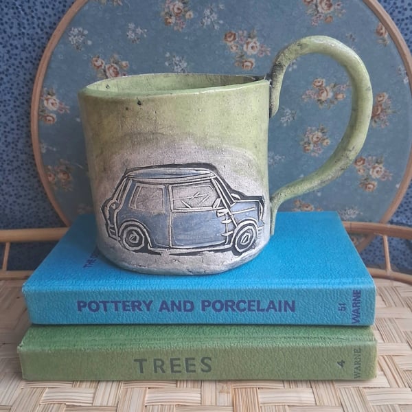 Classic mini car handpainted mug pea green - stoneware smaller cup mug