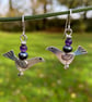 Silver bird earrings with amethyst and black pearl. - Image 2