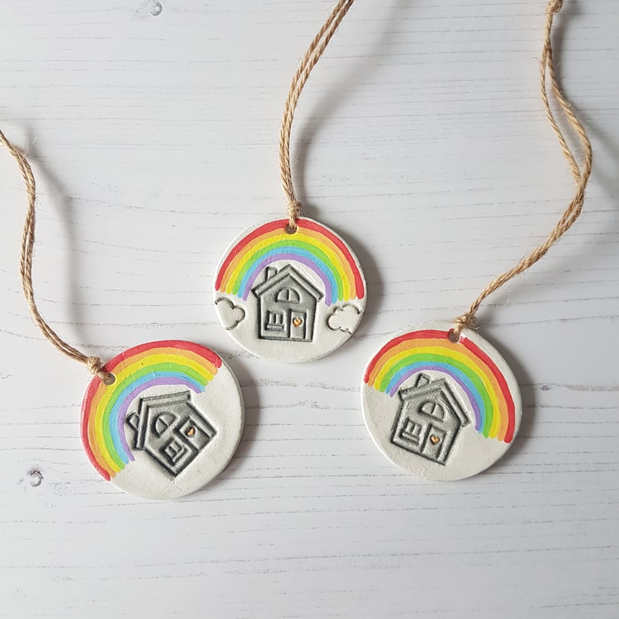 Rainbow over house clay hanging decoration