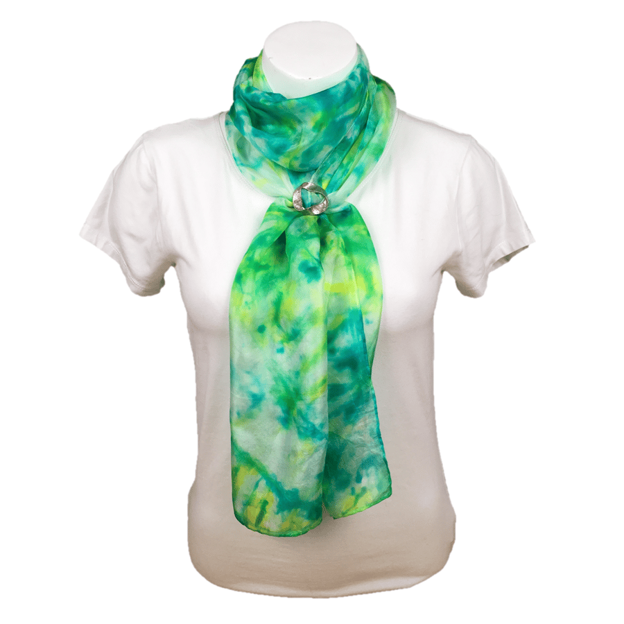 Hand dyed silk fashion scarf, ponge 5 silk, green, yellow and turquoise