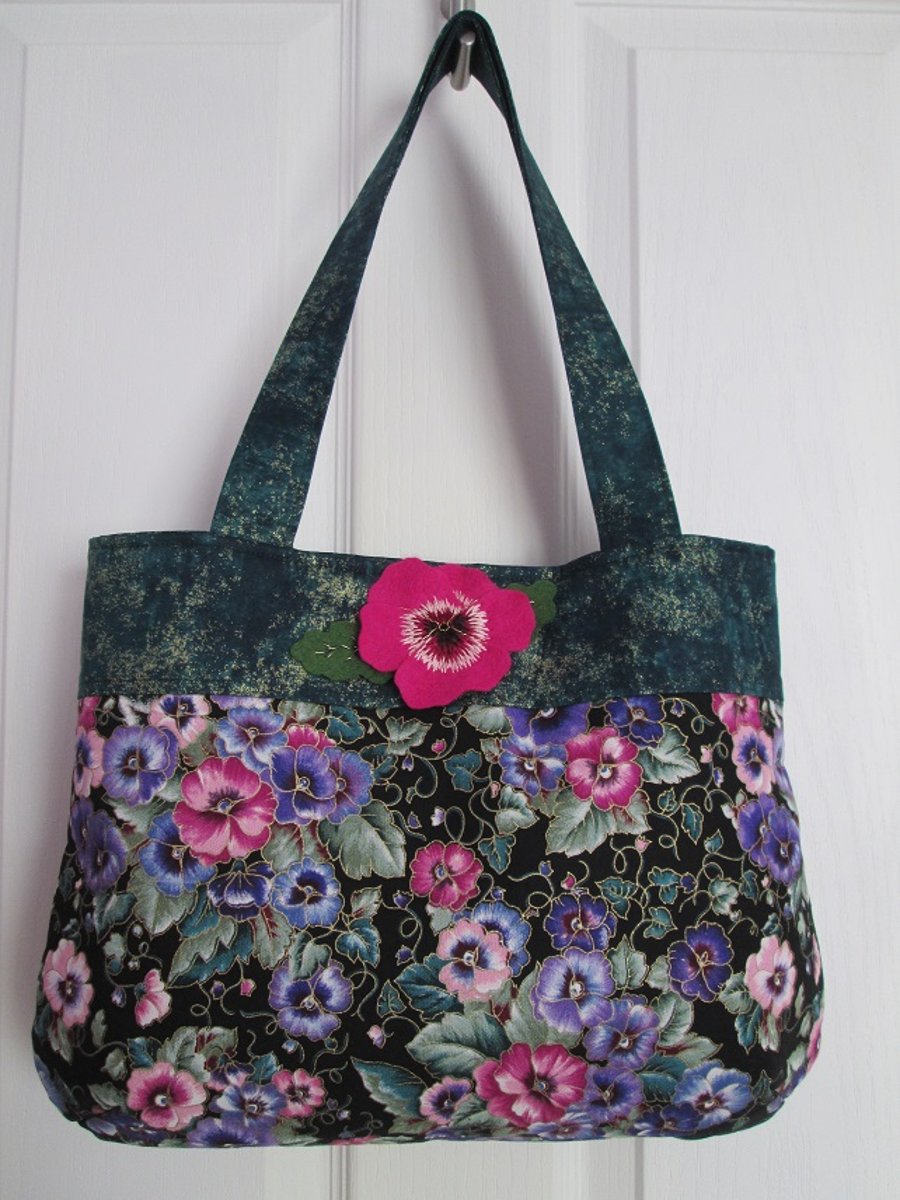 Large Vintage Pink and Purple Pansy Print Handbag with Handcrafted Felt Pansy