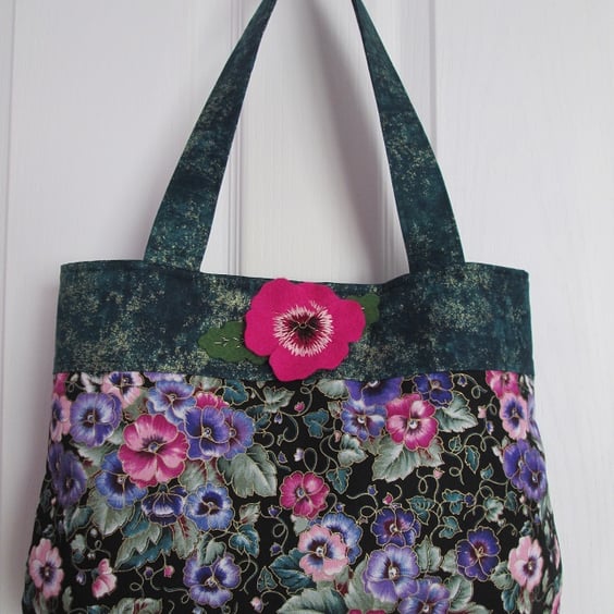 Large Vintage Pink and Purple Pansy Print Handbag with Handcrafted Felt Pansy