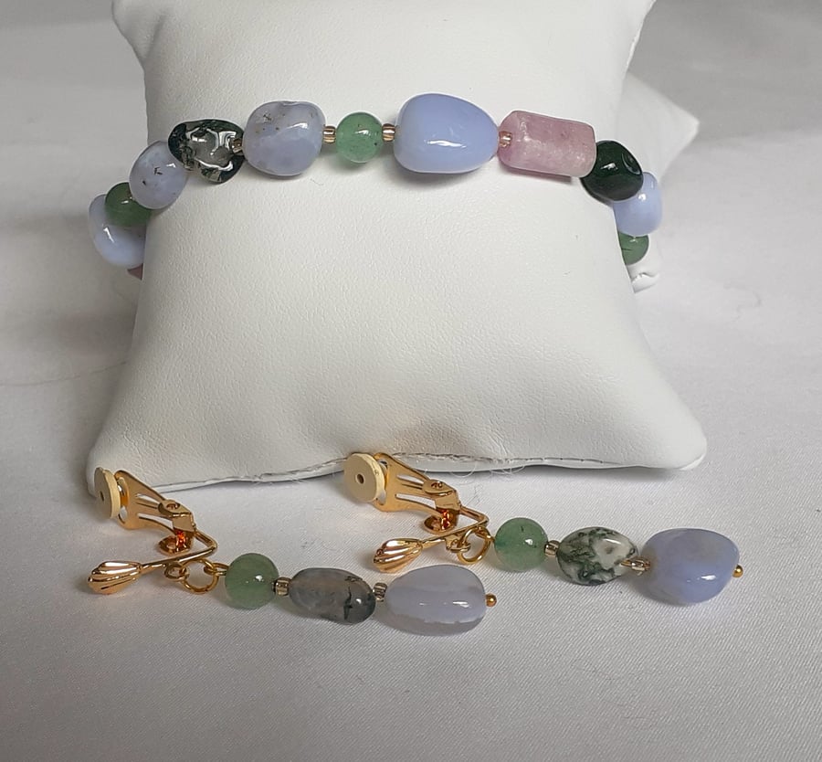 Pink, blue and green semi precious stone stretch bracelet and earrings