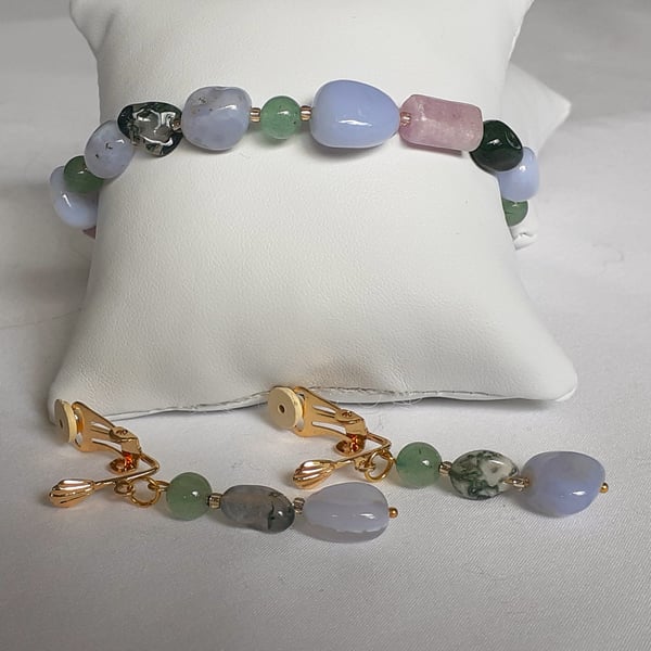 Pink, blue and green semi precious stone stretch bracelet and earrings