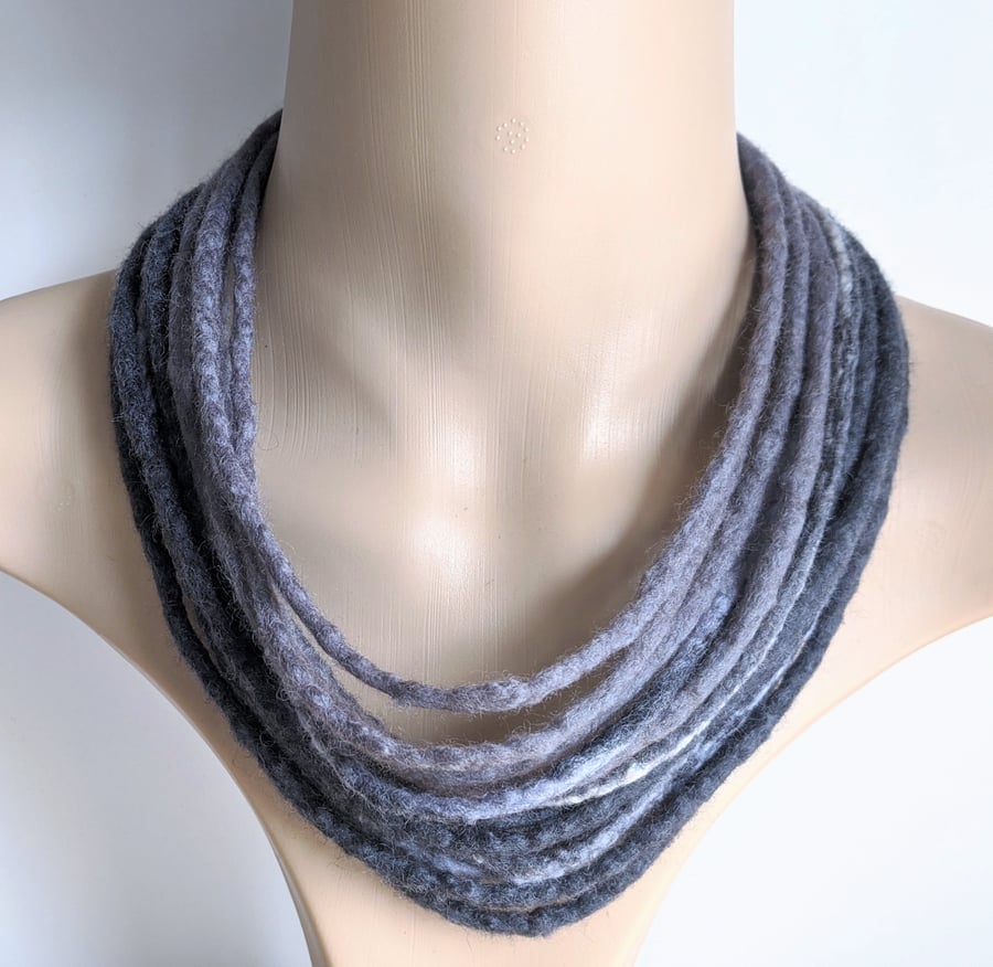 Felted cord necklace in shades of grey