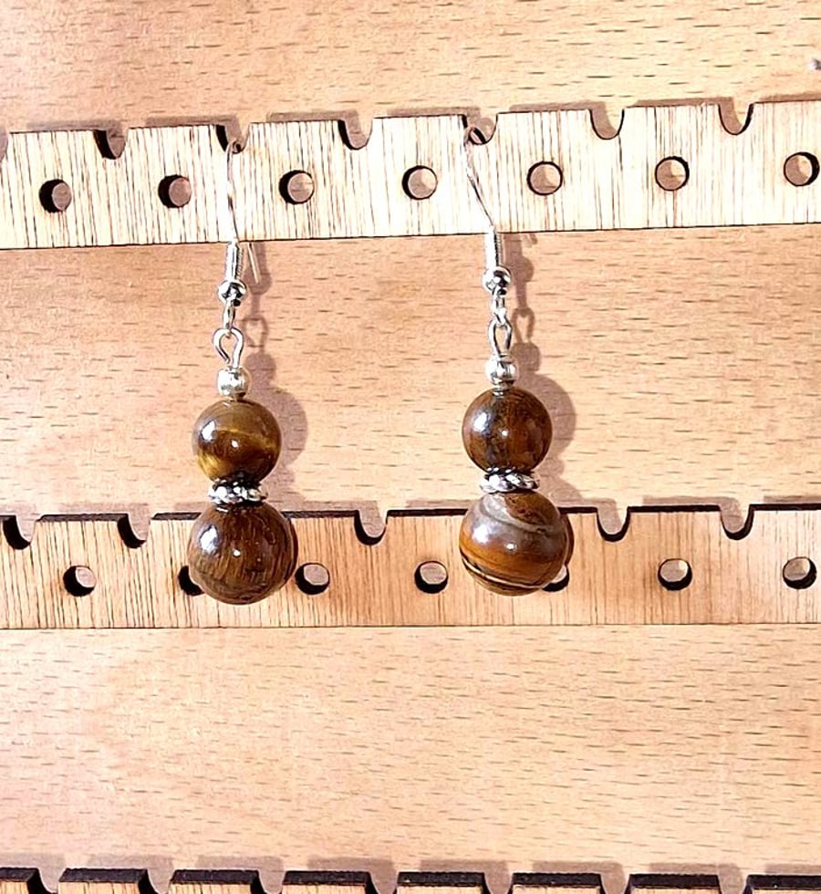 Tiger's Eye & Silver Drop Earrings - Natural Gemstone Gift