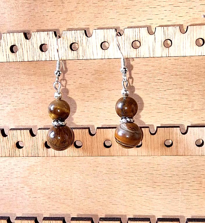 Tiger's Eye & Silver Drop Earrings - Natural Gemstone Gift