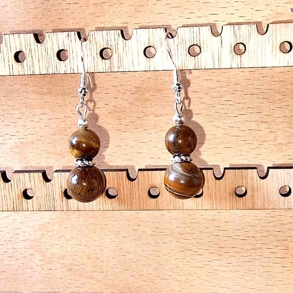 Tiger's Eye & Silver Drop Earrings - Natural Gemstone Gift