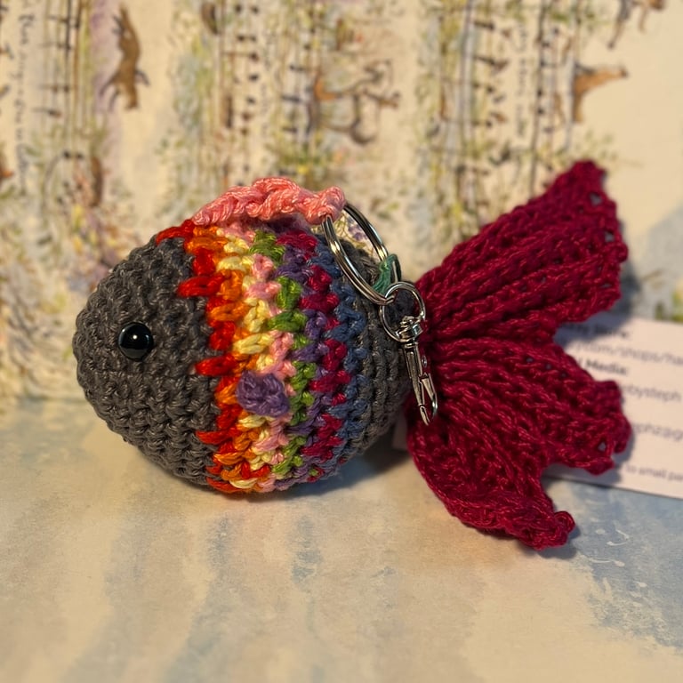 Handmade Crochet Fish Bag Charm - Rainbow