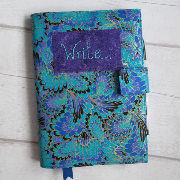 SOLD - A5 Reusable Notebook Cover - Peacock Marble Effect 'Write...'