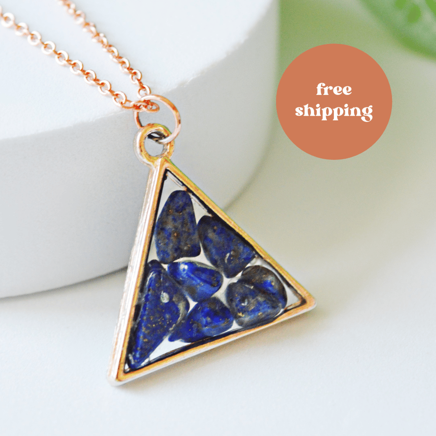 Lapis Lazuli Rose Gold plated Triangle Worry Stone Necklace - Free Postage
