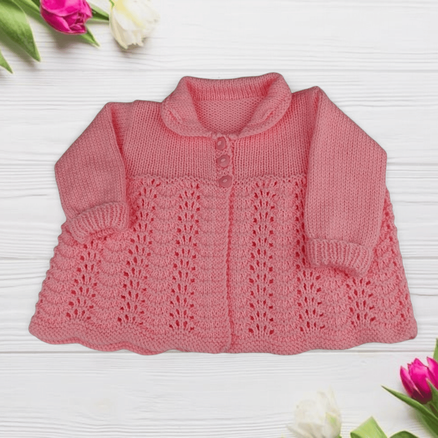 Baby Girl Pink Hand Knitted Baby Cardigan, 0-3 Months, Vintage Design