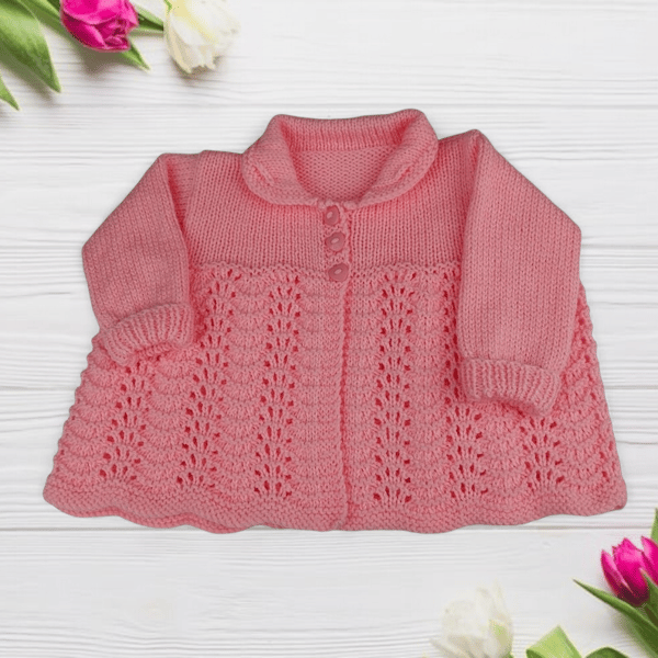 Baby Girl Pink Hand Knitted Baby Cardigan, 0-3 Months, Vintage Design