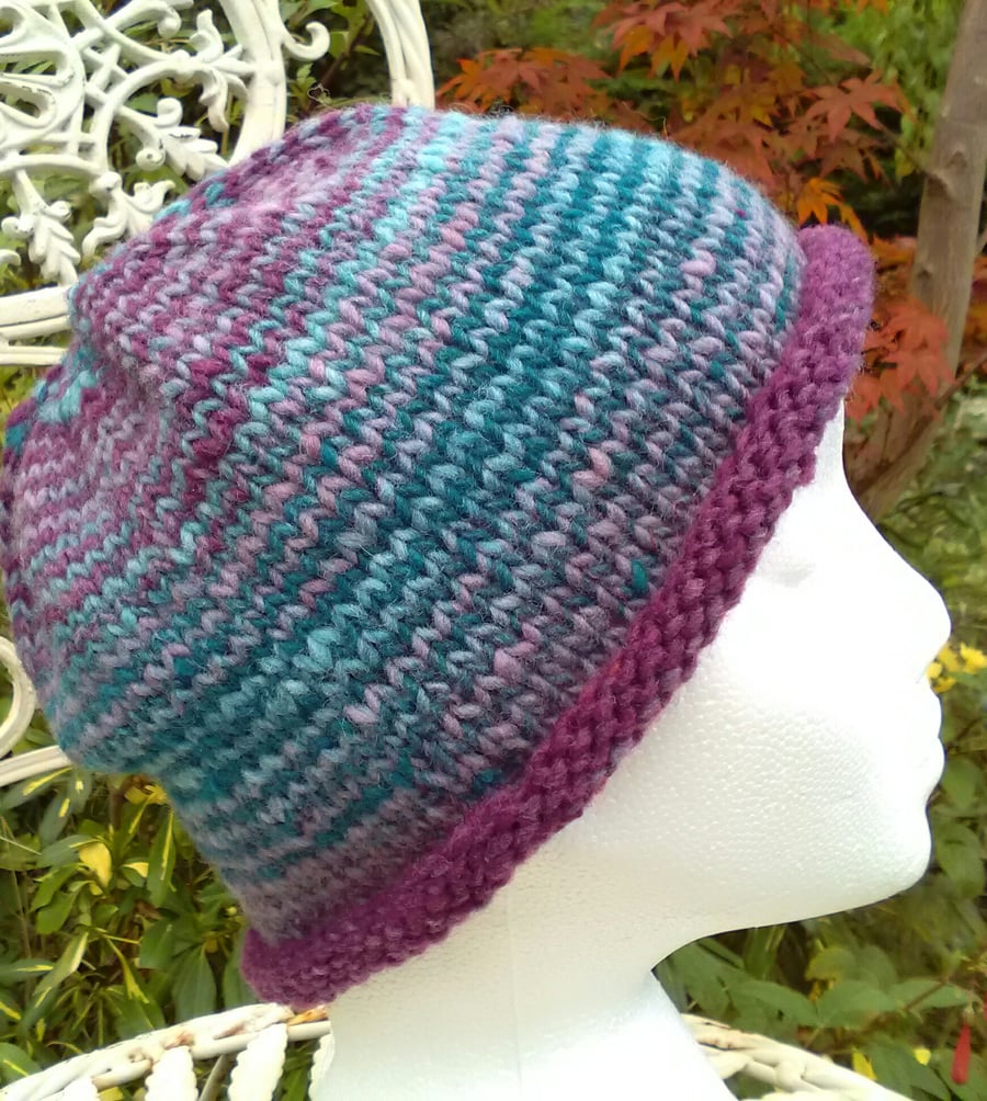 Handknit NORO Roll up Beanie Hat 100% wool Stripey purples turquoise MED