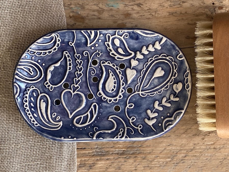 Handmade Ceramic Paisley Soapdish Pottery