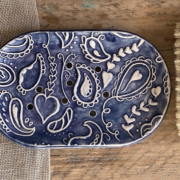 Handmade Ceramic Paisley Soapdish Pottery