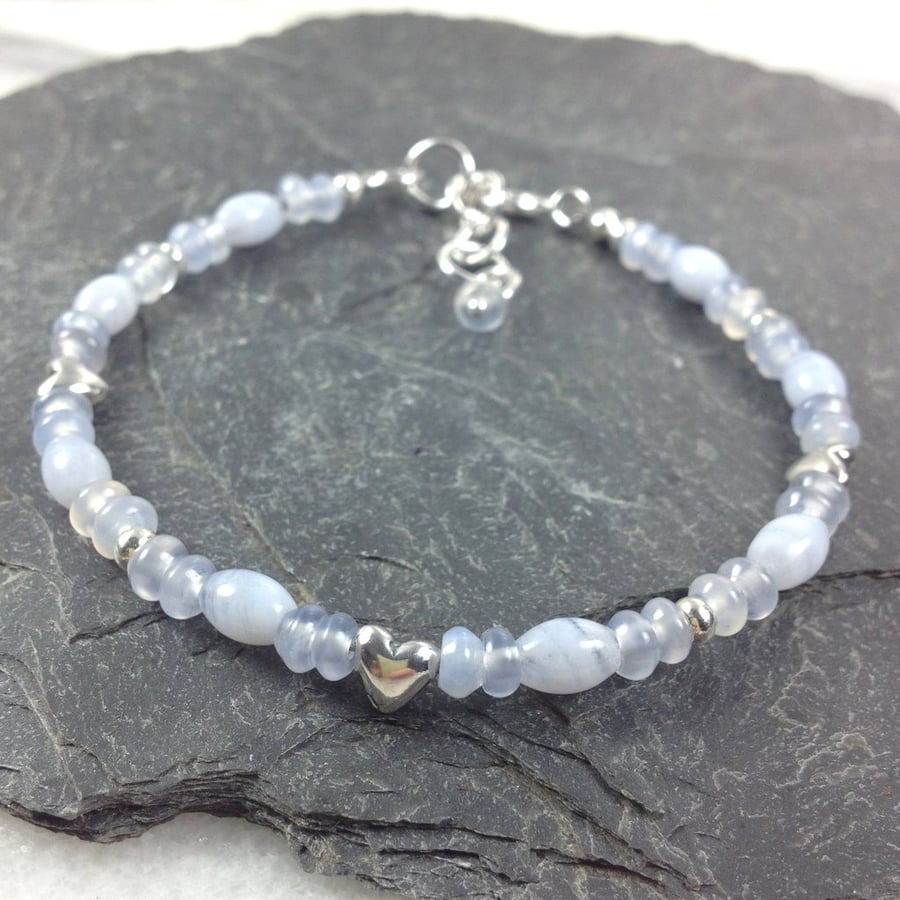Silver, blue lace agate and chalcedony bracelet