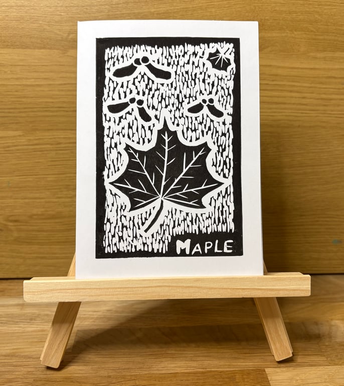Maple Leaf Lino Print Greeting Card - Black