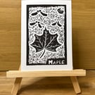 Maple Leaf Lino Print Greeting Card - Black