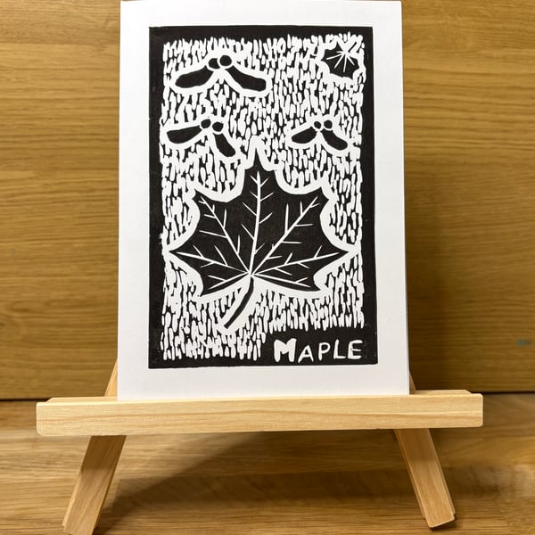 Maple Leaf Lino Print Greeting Card - Black
