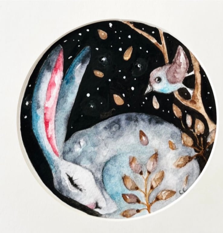 Original Mounted Circular Watercolour Painting Resting Hare Rabbit and Bird Art