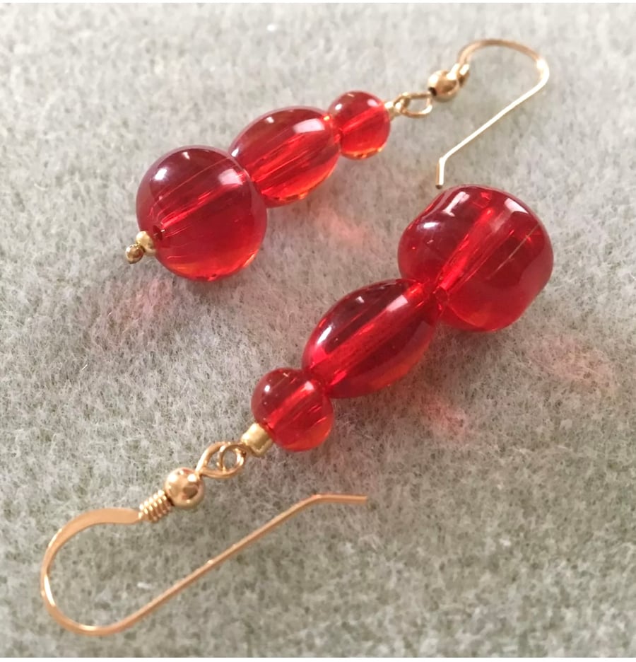 Red Glass Assorted Shaped  Beads on Gold Filled Earring Wires