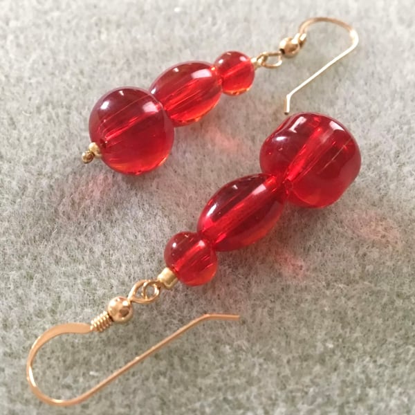 Red Glass Assorted Shaped  Beads on Gold Filled Earring Wires