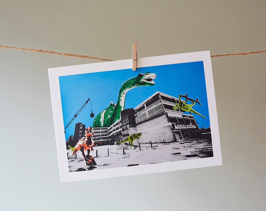 Teville Gate Dinos with blue sky greetings card