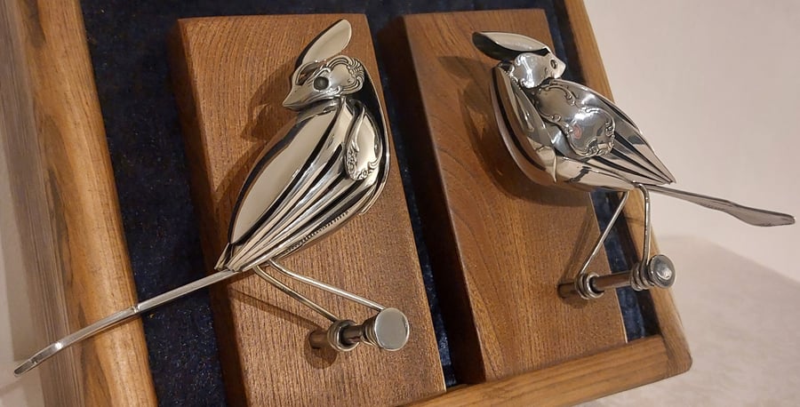 A Pair of Vintage Flatware Crested Tits, mounted on reclaimed Elm