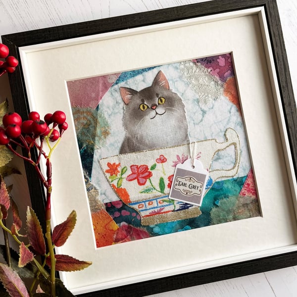 Mixed media collage of long-haired, grey Persian cat - lovely gift for cat lover