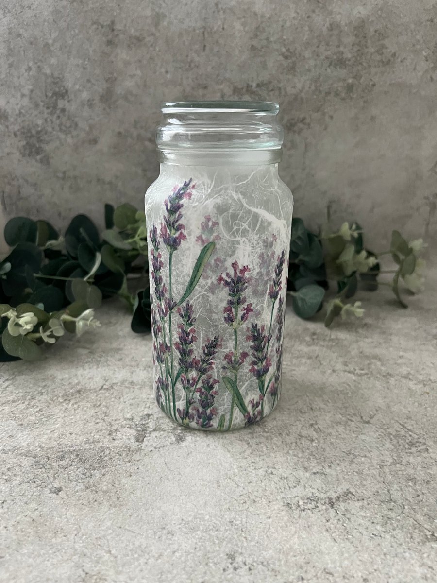 Decoupage Glass Storage Jar: Lavender Home Decor, Cottage Style - Upcycled