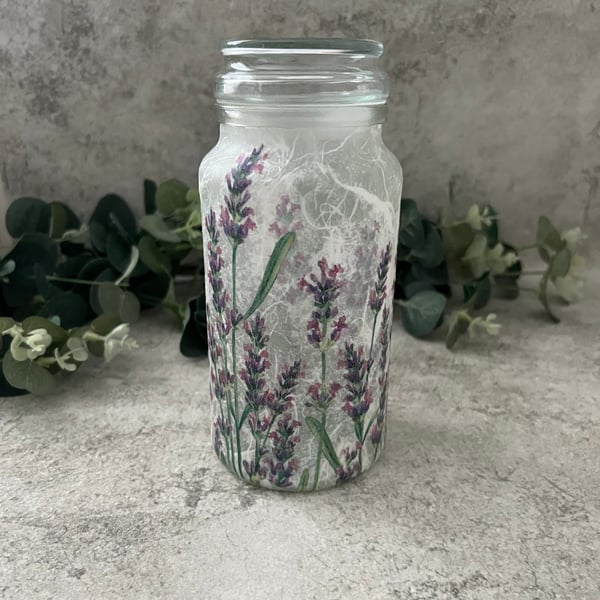 Decoupage Glass Storage Jar: Lavender Home Decor, Cottage Style - Upcycled