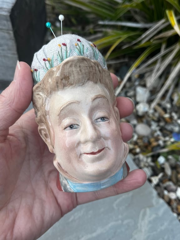 Pin cushion - vintage Toby jug - Pecksniff - embroidered flowers and bee