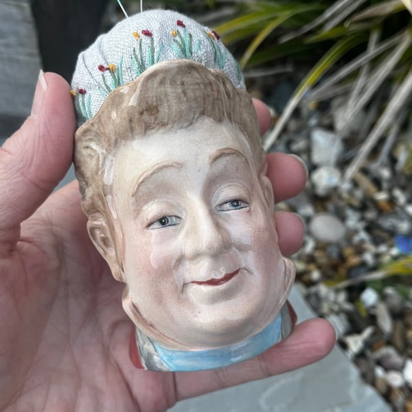 Pin cushion - vintage Toby jug - Pecksniff - embroidered flowers and bee