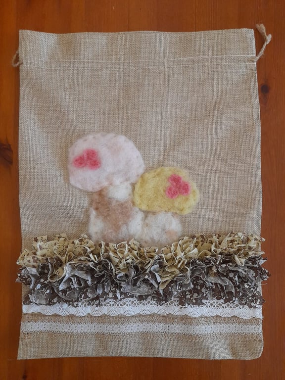 Rag Rug Drawstring Bag with Needle Felting Mushroom Design