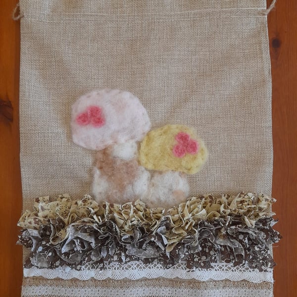 Rag Rug Drawstring Bag with Needle Felting Mushroom Design