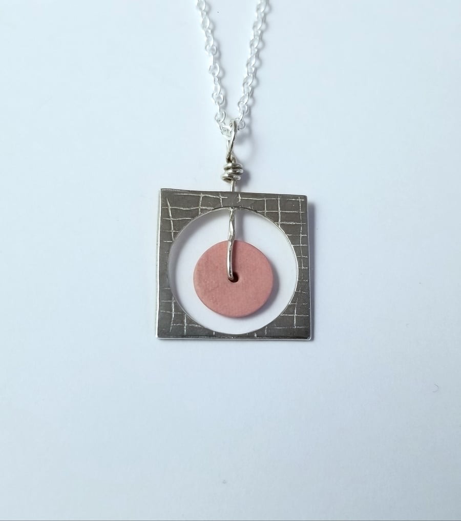 Necklace Pink Ceramic Button Textured Pendant Square Sterling Silver