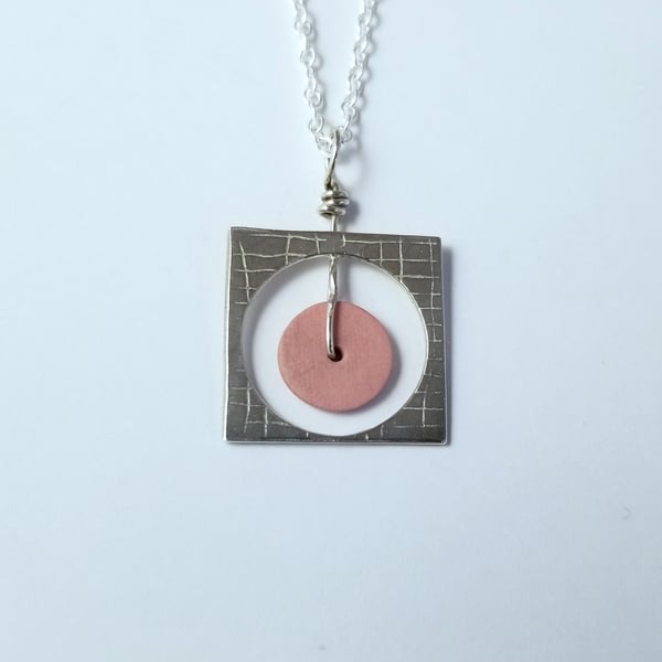 Necklace Pink Ceramic Button Textured Pendant Square Sterling Silver